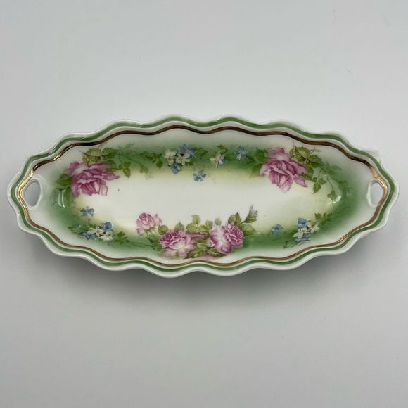 Welmar Germany Marked Antique 9" Oblong Plate Bowl Tray Roses Scallop Edge - Picture 1 of 10